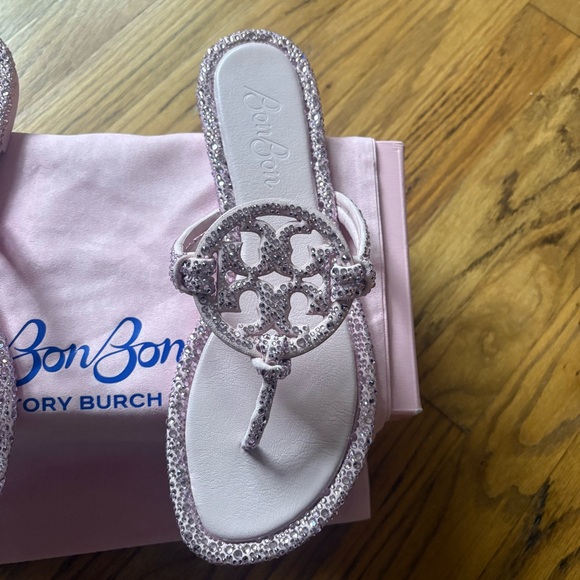Tory Burch x BonBon Women's Miller Knotted Crystal Suede/Crystal Sandals Pink 10 - Picture 9 of 14